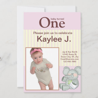 Elephant Pink Stripe Baby Geburtstags-Foto Einladung