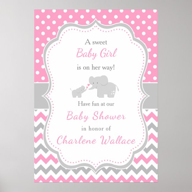Elephant Pink und Gray Baby Dusche Poster (Vorne)
