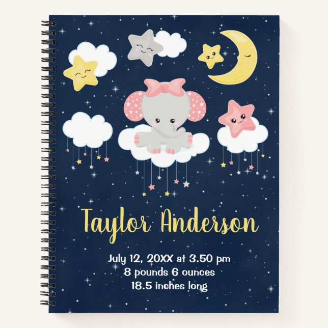 Elephant Pink und Navy Baby Birth Statistik Notizbuch (Vorderseite)