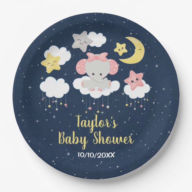 Elephant Pink und Navy Baby Dusche Pappteller (Vorderseite)