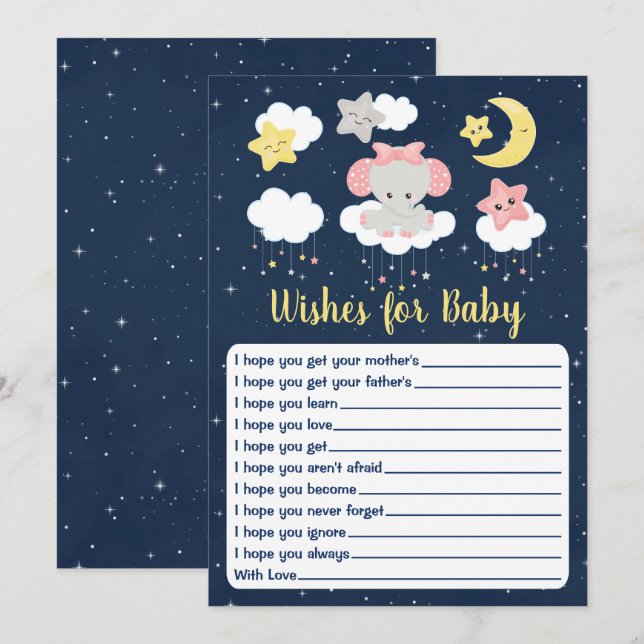 Elephant Pink und Navy Baby Dusche Wünsche für Bab Einladung (Vorne/Hinten)