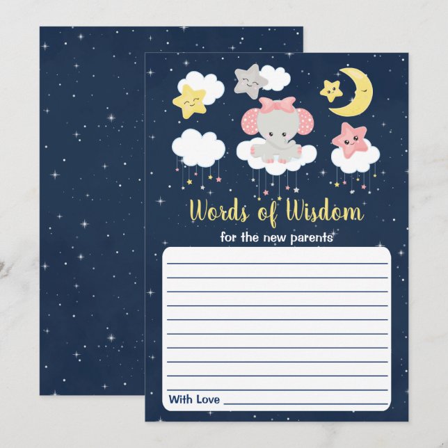 Elephant Pink und Navy Baby Duwer Worte der Weishe Einladung (Vorne/Hinten)
