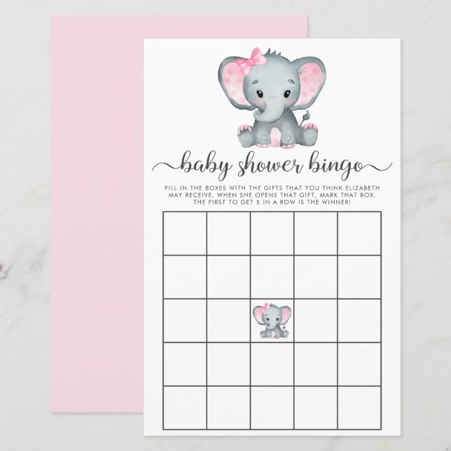 Elephant Pink Watercolor Baby Bingo Showspiel (Vorne/Hinten)