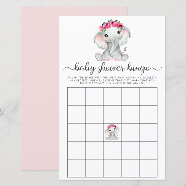 Elephant Pink Watercolor Bingo Baby Showspiel (Vorne/Hinten)