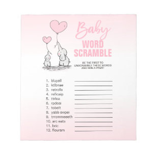 Elephant Pink White Girl Baby Dusche WORD SCRAMBLE Notizblock