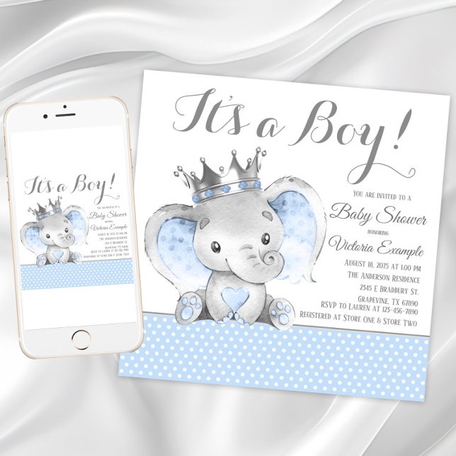 Elephant Prince Baby Dusche Einladung (Boy elephant baby shower invitation. Instant download and printed invitations are available.)