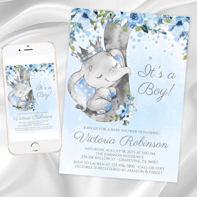 Elephant Prince Boy Baby shower Invitation (Elephant prince baby shower invitation. Instant download and printed invitations available.)