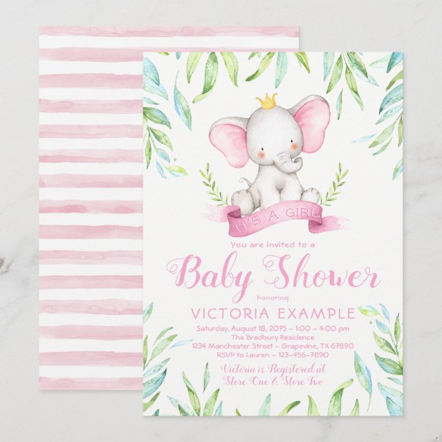 Elephant Princess Baby Shower Invitations (Devant / Derrière)
