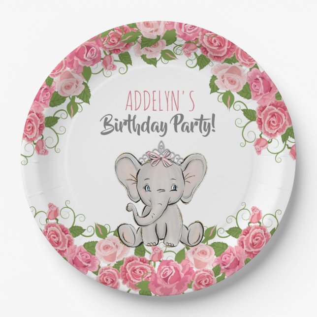 Elephant Princess Tiara Pink Little Girl Geburtsta Pappteller (Vorderseite)