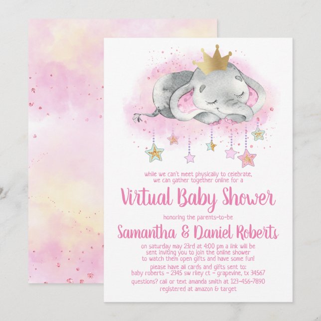 Elephant Princesse Baby shower virtuel Invitation (Devant / Derrière)