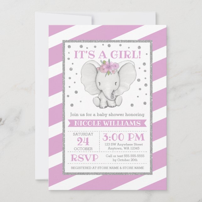 Elephant Purple Stripes Bébé Douche Invitations (Devant)