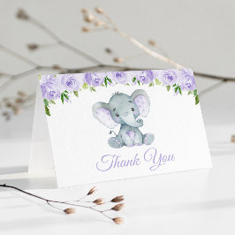 Elephant, Purple Watercolor Flowers, Baby Shower Dankeskarte