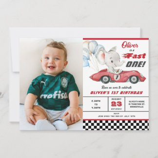 Elephant Red Race Car Fast 1. Geburtstag Einladung