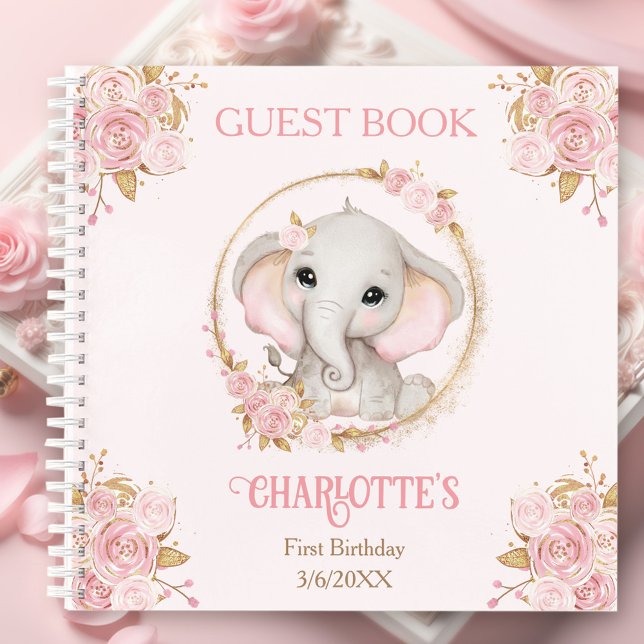 Elephant Rose Floral 1er Anniversaire Nom Livre d' (Elephant Pink Floral 1st Birthday Name Guest Book)
