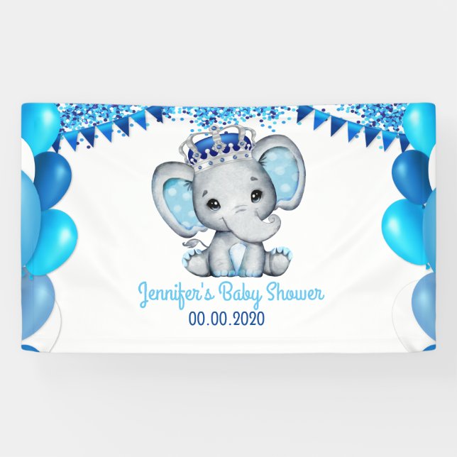 Éléphant royal avec Baby shower de bannières bleu  (Horizontal)