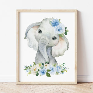 Elephant, Safari, Blue Flowers, Boy Nursery Poster