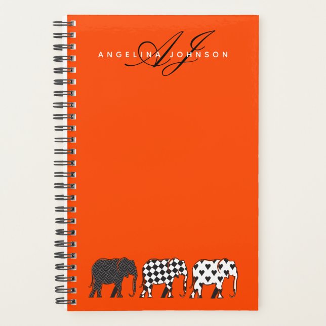 Elephant Schwarz-weiß und Orange Monogram Name Planer (Vorderseite)