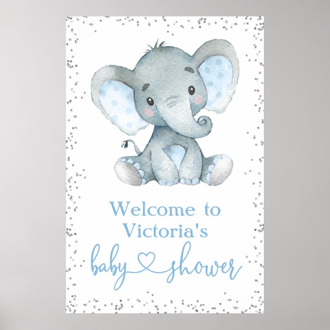 Elephant Silver Glitzer Babydusche Begrüßungszeich Poster (Vorne)