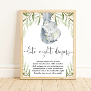Elephant Spätdiapers Baby Dusche Spiel Poster