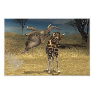 Elephant springt über Giraffe Fotodruck