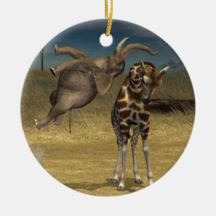 Elephant springt über Giraffe Keramik Ornament