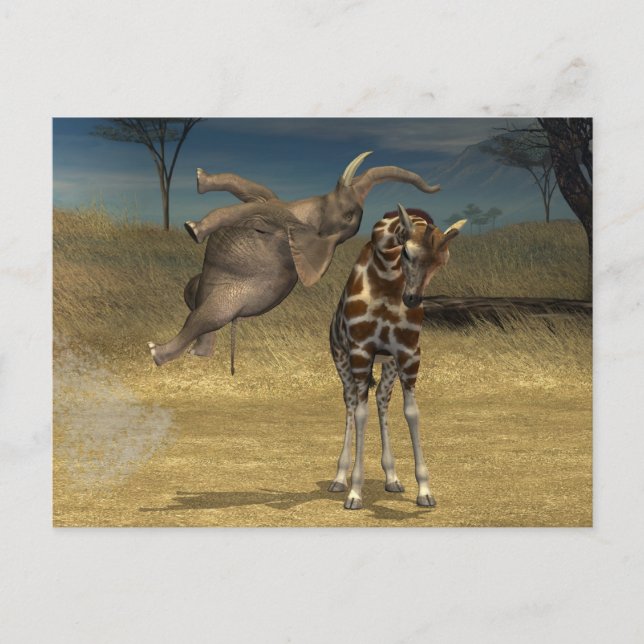 Elephant springt über Giraffe Postkarte (Vorderseite)