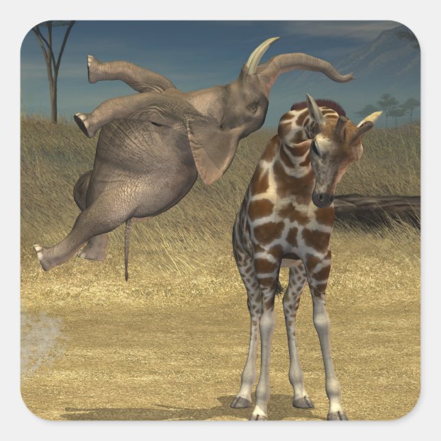 Elephant springt über Giraffe Quadratischer Aufkleber (Vorderseite)