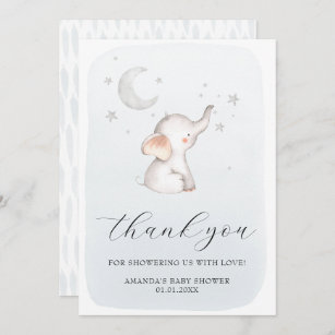 Elephant Stars Moon Dusty Blue Boy Baby Dusche Dankeskarte