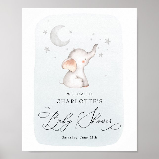 Elephant Stars Moon Dusty Blue Boy Baby Dusche Poster (Vorne)