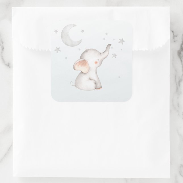 Elephant Stars Moon Dusty Blue Boy Baby Dusche Quadratischer Aufkleber (Tasche)