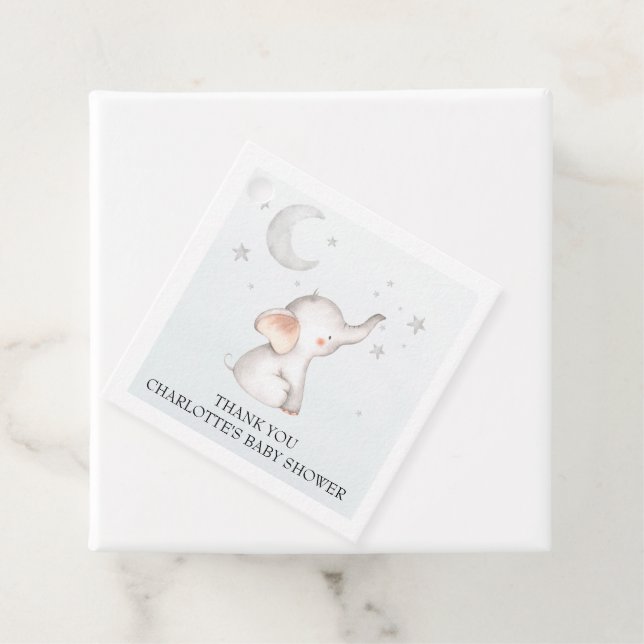 Elephant Stars Moon Dusty Blue Boy Baby Showgi Geschenkanhänger (Beispiel)