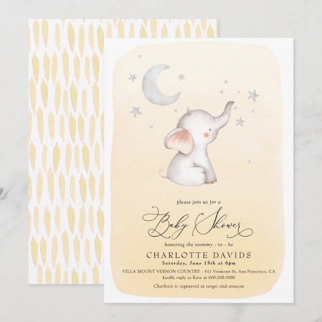 Elephant Stars Moon Yellow Neutral Baby Shower Einladung (Vorne/Hinten)