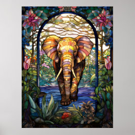 Elephant Stated Glass Window Design Poster