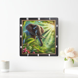 Elephant Stehend Amidlush Dschungel Foliage Quadratische Wanduhr