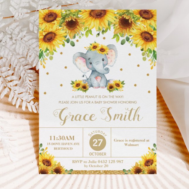 Elephant Sunflower Floral Baby Shower Girl Einladung (Von Creator hochgeladen)