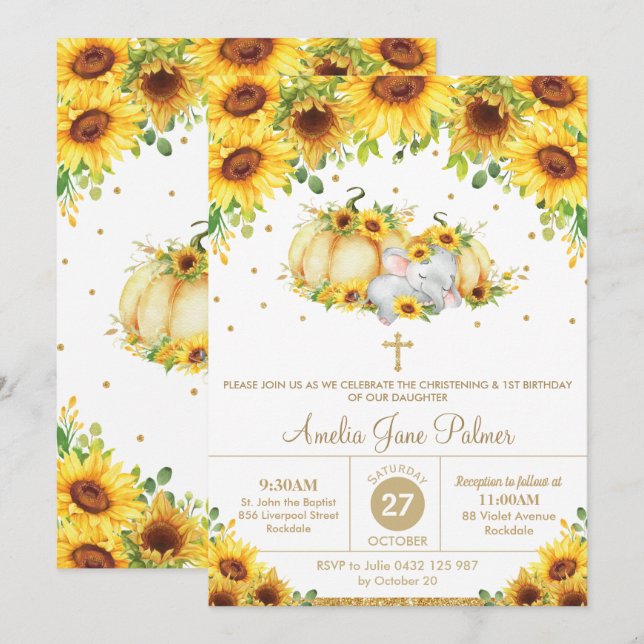 Elephant Sunflower Pumpkin Christening Taufe Einladung (Vorne/Hinten)