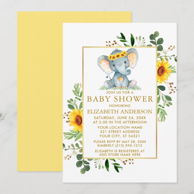 Elephant Sunflowers Grüne Babydusche Gold Einladung (Vorne/Hinten)