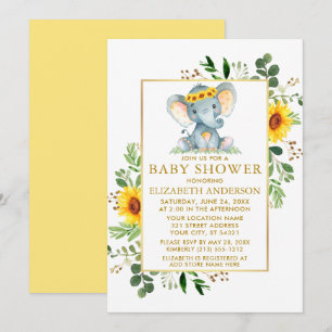Elephant Sunflowers Grüne Babydusche Gold Einladung