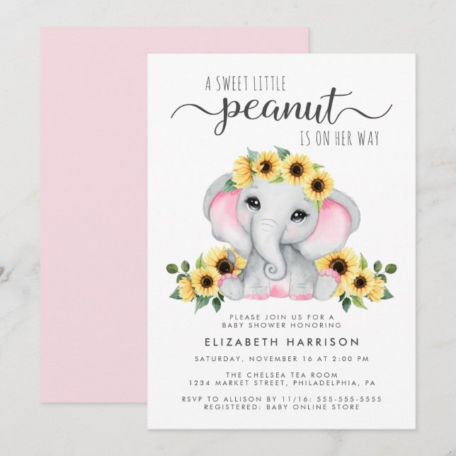 Elephant Sunflowers Pink Watercolor Babydusche Einladung (Vorne/Hinten)