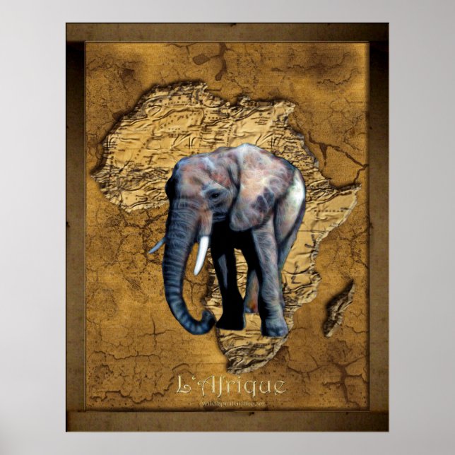 Elephant sur la carte russe de l'Afrique Poster d' (Devant)