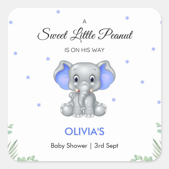 Elephant Sweet Little Peanut Boy Baby Dusche Quadratischer Aufkleber (Vorderseite)