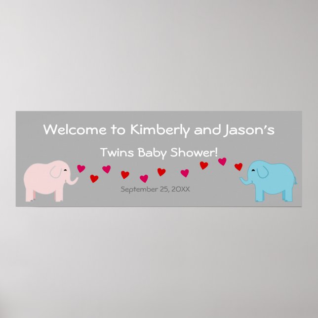 Elephant Theme Twin Boy & Girl Baby Showbanner Poster (Vorne)