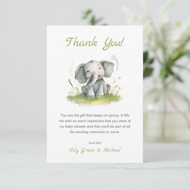 Elephant Themed Baby Dusche Danke Karte (Stehend Vorderseite)