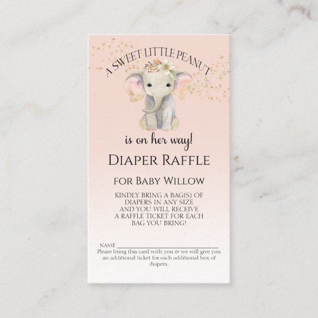 Elephant Themed Diaper Raffle Baby Girl Dusche Visitenkarte (Vorderseite)