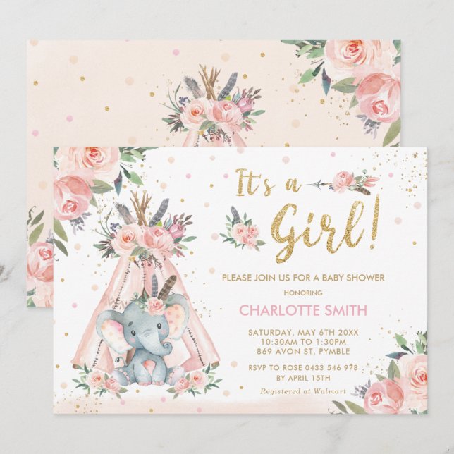 Elephant Tribal Blush Floral Girl Baby Dusche Einladung (Vorne/Hinten)