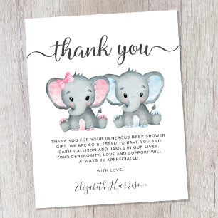 Elephant Twin Baby Girl Boy Douche Carte de remerc