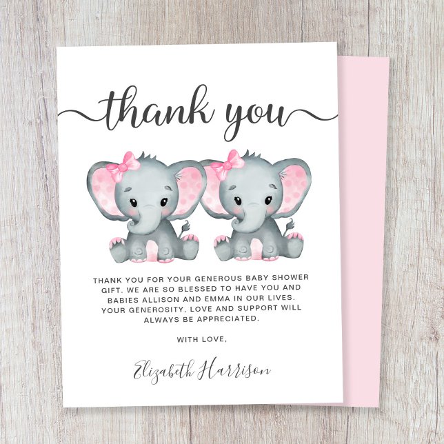 Elephant Twin Baby Girls Dusche Danke Karte (Von Creator hochgeladen)