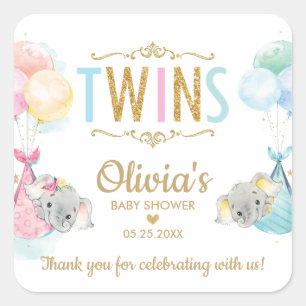 Elephant Twin Boy Girl Babydusche Vielen Dank Quadratischer Aufkleber