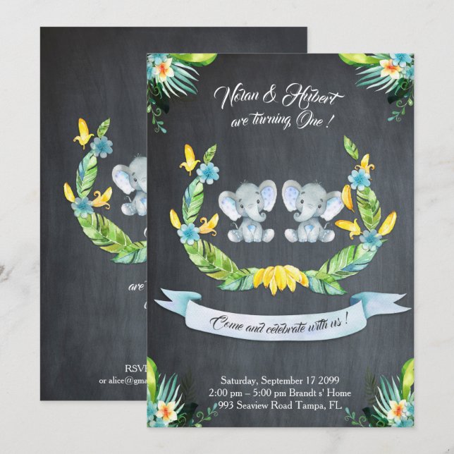 Elephant twin boy Invitation, Floral, Baby 1. Einladung (Vorne/Hinten)