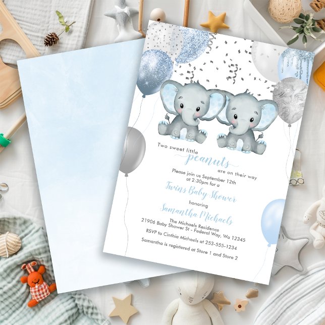 Elephant Twin Boys Balloon Baby Shower Einladung (Elephant Twin Boys Balloon Baby Shower Invitation)